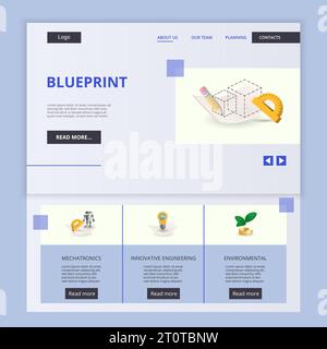 Modello di pagina di destinazione piatta per Blueprint. Meccatronica, ingegneria innovativa, ambiente. Banner Web con intestazione, contenuto e piè di pagina. Vettore Illustrazione Vettoriale