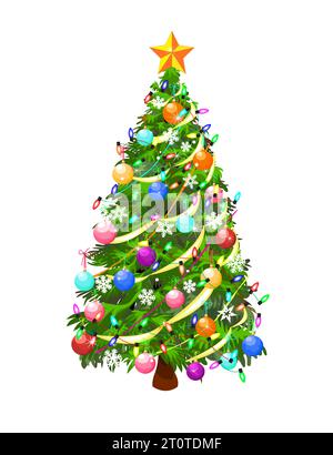 Albero di Natale decorato con ghirlande, palle e fiocchi di neve, su sfondo bianco. Illustrazione Vettoriale