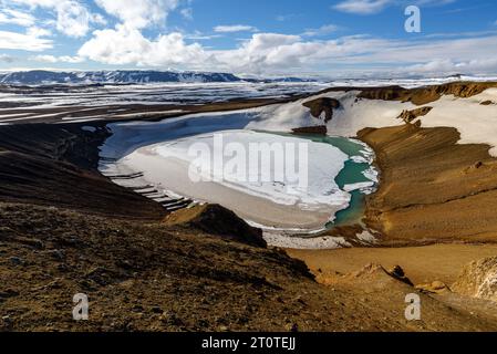 Il cratere viti e il suo lago ghiacciato si trovano nella caldera vulcanica di Krafla (Islanda). Foto Stock