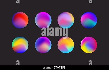 raccolta di superfici liquide con ologramma astratto 3d. Set di icone al neon tonde iridescenti lucenti e fluide per texture olografiche. Cerchi di colore brillanti. Illustrazione vettoriale Illustrazione Vettoriale