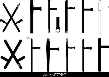 Set di diverse armi marziali Tonfa, isolate su bianco Illustrazione Vettoriale