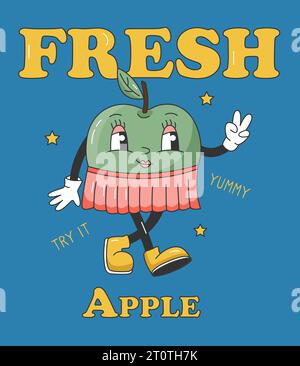 90s Fruit Funny retro Groovy Cartoon Characters. Poster con personaggio comico di Apple. Illustrazione vettoriale estiva di Groovy. Frutta fresca dolce e succosa Illustrazione Vettoriale