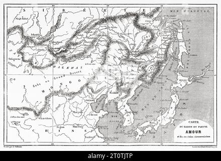 Vecchia mappa del bacino del fiume Amur, Cina nord-orientale. Incisione del vecchio XIX secolo da le Tour du Monde 1860 Foto Stock