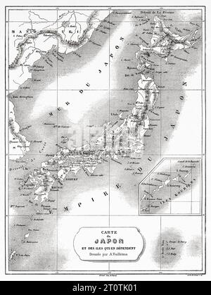 Vecchia mappa del Giappone e delle sue isole dipendenti, Giappone, Asia. Viaggi in Cina e Giappone del marchese Alfred de Moges 1857 - 1858. Incisione del vecchio XIX secolo da le Tour du Monde 1860 Foto Stock