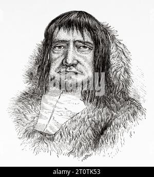 Eskimo man, Arctic Explorations in the Years 1853, 1854, 1855 di Elisha Kent Kane. Incisione del vecchio XIX secolo da le Tour du Monde 1860 Foto Stock