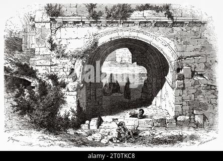 Portale di Santa Maria la grande a Gerusalemme, ex convento cattolico del sovrano ordine militare ospedaliero. Rovine ora incorporate nella Chiesa del Redentore a Gerusalemme. Viaggi in Palestina, 1856-1859. Incisione del vecchio XIX secolo da le Tour du Monde 1860 Foto Stock