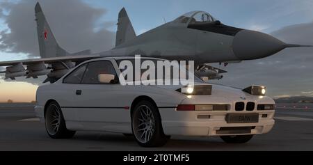 BMW serie 8 classica in un aeroporto militare Foto Stock