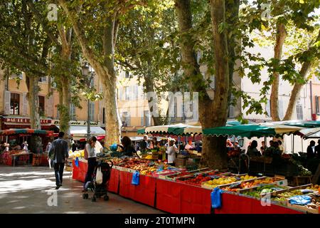 Mercato al posto di Richelmi nella Vieil Aix il vecchio quartiere di Aix en Provence, Bouches du Rhone, Provenza, Francia. Foto Stock