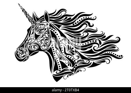 Modello a forma di testa di unicorno. Isolato su bianco. Illustrazione Vettoriale