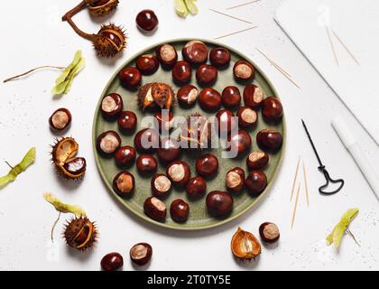 Vista dall'alto del luogo di lavoro artigianale con castagne e strumenti per creare decorazioni autunnali. Design decorativo fatto a mano. Foto Stock