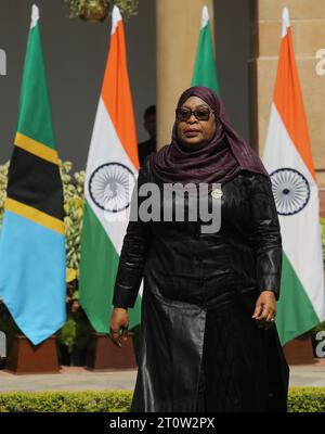 Nuova Delhi, India. 9 ottobre 2023. Il presidente tanzaniano Samia Suluhu Hassan ha visto prima di un incontro bilaterale a casa di Hyderabad. Il presidente della Tanzania è in visita di stato di 4 giorni in India. Credito: SOPA Images Limited/Alamy Live News Foto Stock