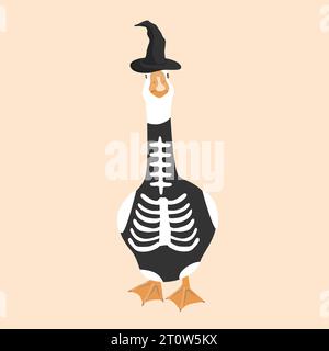 Disegna l'oca a mano con un cappello da strega e un costume da scheletro. Elemento di design Halloween, illustrazione vettoriale. Illustrazione Vettoriale