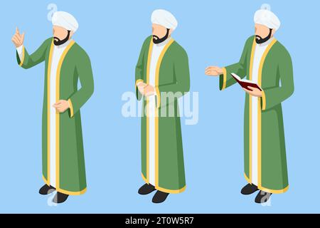 Imam isometrico isolato su sfondo bianco. La religione e i suoi rappresentanti. Kuran o Corano , il libro sacro di ogni culto musulmano, fare Illustrazione Vettoriale