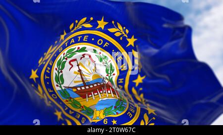 Primo piano della bandiera dello stato del New Hampshire che sventola nel vento. Sfondo blu scuro con un sigillo di stato al centro. rendering dell'illustrazione 3d. Messa a fuoco selettiva Foto Stock