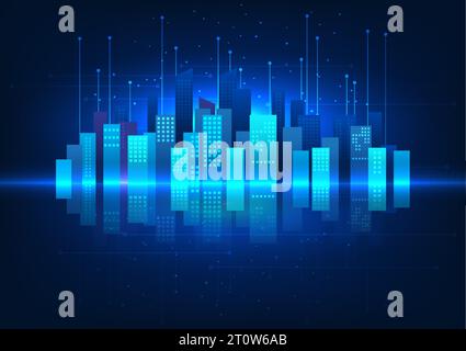 Tecnologia Smart City la città ha una riflessione sul circuito dietro di essa. Rappresenta una città intelligente che ha strutture migliori per le persone in città Illustrazione Vettoriale