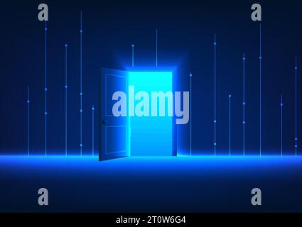 Aprendo le porte per entrare nel mondo della tecnologia ci sono linee di collegamento sul retro. Riferendosi all'uso della tecnologia per accedere alle informazioni, le Illustrazione Vettoriale