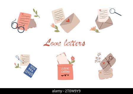 Vista dall'alto di buste, cartoline e lettere Illustrazione Vettoriale