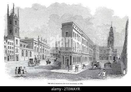 The Royal Exchange and Bank Buildings, Londra nel 1780. Illustrazione in bianco e nero dal London Illustrated News; 1844. Foto Stock