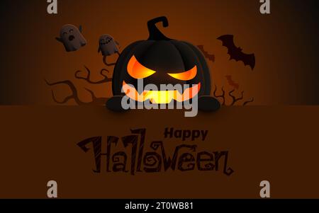 Modello di messaggio di saluto carattere zucca. Zucca di Halloween con un cartello di benvenuto con spazio per i messaggi. Illustrazione vettoriale. Illustrazione Vettoriale