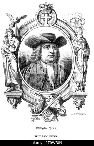 Europa, Großbritannien, Londra, William Penn, Gründer der Kolonie Pennsylvania in den USA , Stahlstich aus ' Geschichte von England ' ( 2. Band ) von Thomas Babington Macaulay , übersetzt von Wilhelm Beseler , Druck und Verlag von George Westermann, Braunschweig, 1863 . / Europa, Gran Bretagna, Londra, William Penn , fondò la Provincia della Pennsylvania ( USA ) , incisione d'acciaio da 'la storia d'Inghilterra' di Thomas Babington Macaulay , traduzione tedesca di Wilhelm Beseler , casa editrice George Westermann, Braunschweig, 1863 . Foto Stock