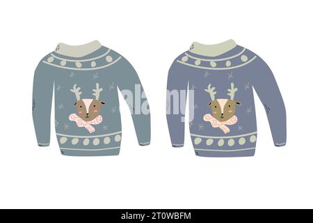 Carino maglione natalizio con cervo. Maglione brutto di Natale Illustrazione Vettoriale