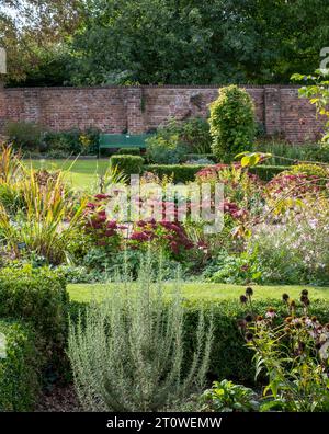 Varietà di arbusti e fiori che riflettono il sole del tardo pomeriggio in autunno, presso l'Eastcote House, storico giardino murato nel Borough di Hillingdon, Regno Unito Foto Stock