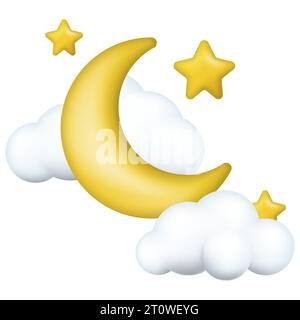 Luna mezzaluna, stelle dorate e nuvole bianche stile 3D. Illustrazione vettoriale. EPS 10. Illustrazione Vettoriale