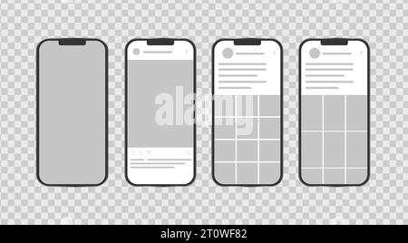 Modello di smartphone con post di interfaccia sui social network. Modello di pagina dell'app mobile dei social media. Illustrazione vettoriale su sfondo trasparente. Illustrazione Vettoriale