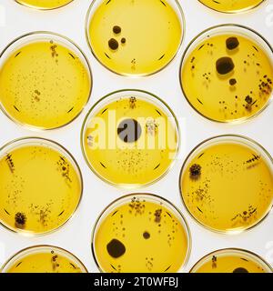 Capsule di Petri con agar giallo contenenti colonie circolari di funghi o batteri Foto Stock