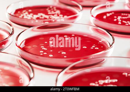 Capsule di Petri con agar sangue rosso contenente colonie di Staphylococcus aureus Foto Stock