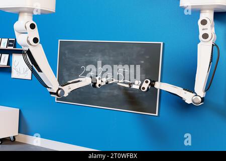 Concetto di fantascienza del robot futuristico avanzato che scrive semplici equazioni matematiche. Foto Stock