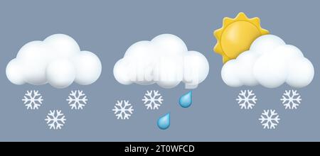 Carino set di icone meteo dei cartoni animati 3D. Nuvola, pioggia, neve, sole. Illustrazione vettoriale EPS 10 Illustrazione Vettoriale