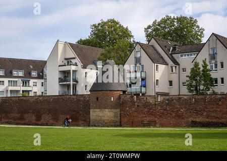 Duisburg, zona della Ruhr, Renania settentrionale-Vestfalia, Germania - parco della città vecchia nel porto interno di Duisburg, nuovi edifici residenziali dietro la città storica Foto Stock