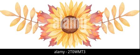 Composizione autunnale girasole con foglie di acero.cornice, striscione. Design per le vacanze stagionali. Ringraziamento, Halloween. Matrimonio in campagna. Acquerello Illustrazione Vettoriale