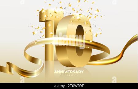 Anniversario 10. numeri gold 3D. Modello di poster per celebrare la festa dell'evento del 10th° anniversario. Illustrazione vettoriale Illustrazione Vettoriale