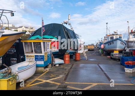 Barche da pesca immagazzinate sulla banchina durante l'inverno nel porto di Newquay a Newquay in Cornovaglia, nel Regno Unito e in Europa. Foto Stock