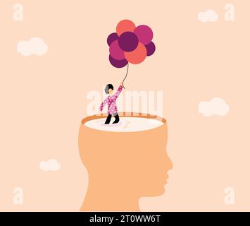 Illustrazione di problemi di salute mentale, un ragazzo che vola da problemi di salute mentale con l'aiuto di un grande pallone che simboleggia l'importanza del relax Illustrazione Vettoriale