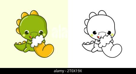 Impostare Clipart Christmas Dino Coloring Page e Color Illustration. Dinosauro di Natale di Kawaii. Illustrazione Vettoriale