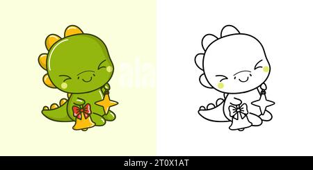 Capodanno Kawaii Dinosaur per colorare pagina e illustrazione. Adorabile dinosauro natalizio Clip Art. Illustrazione Vettoriale
