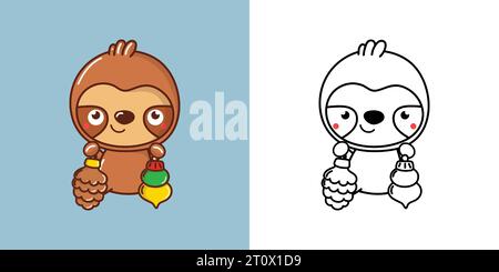 Carino Clipart di Natale per colorare pagina e illustrazione. Happy Clip Art Christmas Tropical Animal Illustrazione Vettoriale