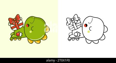 Set Christmas Dino multicolore e bianco e nero. Dinosauro natalizio Kawaii Clip Art. Illustrazione Vettoriale