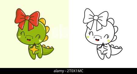 Set Christmas Dino multicolore e bianco e nero. Dinosauro natalizio Kawaii Clip Art. Illustrazione Vettoriale