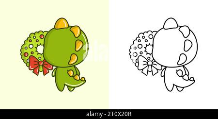 Impostare Clipart Christmas Dino Coloring Page e Color Illustration. Dinosauro di Natale di Kawaii. Illustrazione Vettoriale