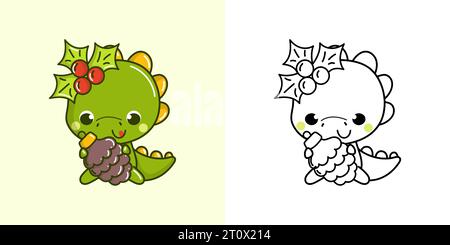 Kawaii Clipart Christmas Dinosaur Illustration e for Coloring Page. Divertente Kawaii Xmas Dino. Illustrazione Vettoriale