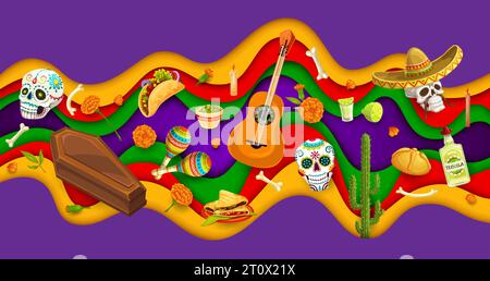 Striscione a taglio di carta dia de los muertos. Giorno della morte messicana, arte vettoriale 3d con colorata cornice a strati ondulati, teschi di calavera, bara, chitarra e sombrero. Cibo tex mex, maracas, calendule Illustrazione Vettoriale