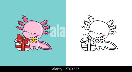 Impostare l'axolotl di Natale multicolore e bianco e nero. Kawaii Clip Art Christmas Amphibian. Illustrazione Vettoriale