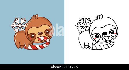 Carino Clipart di Natale per colorare pagina e illustrazione. Happy Clip Art Christmas Tropical Animal Illustrazione Vettoriale