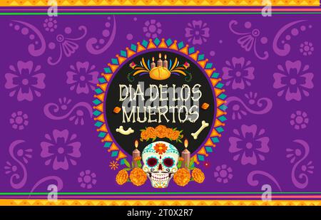 Giorno della morte, bandiera natalizia messicana dia De Los Muertos con teschio vettoriale e calendule. Offerte di altare di Halloween in Messico con struttura etnica. Cartoni animati con teschio di zucchero, fiori, candele e pane Illustrazione Vettoriale