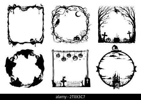 Cornici nere per Halloween con silhouette vettoriali di zucche, fantasmi, strega e cimitero. Trucca o delizia teschi horror, mani zombie, alberi raccapriccianti e pietre tombali, calderoni e pipistrelli impostati Illustrazione Vettoriale