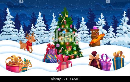Paesaggio di foresta innevato tagliato di carta natalizia con renne, orsi e regali sulla neve. Sfondo vettoriale tagliato in carta natalizia con personaggi dei cartoni animati, albero di Natale, regali natalizi sulla neve della foresta Illustrazione Vettoriale